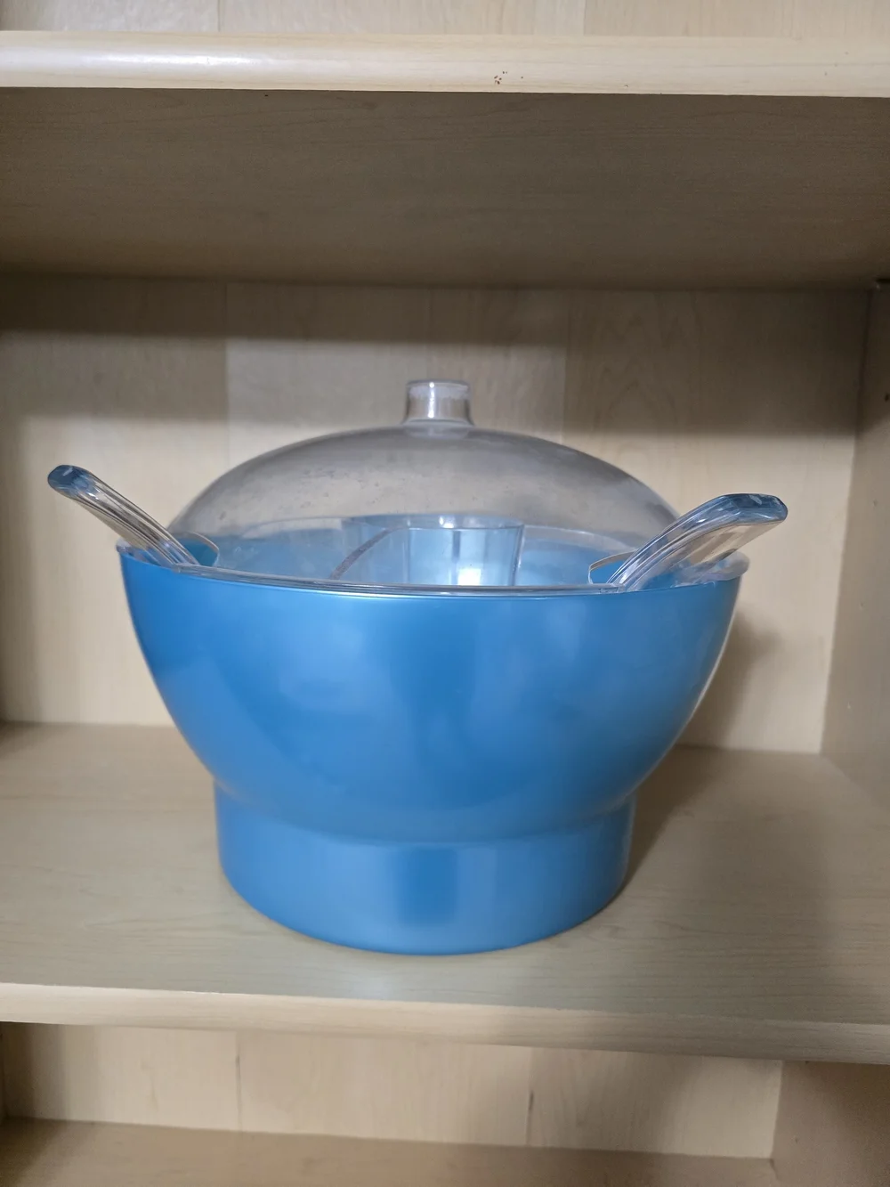 Blue Covered Serving Bowl with Clear Lid and Spoons